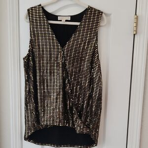 Michael Kors Gold and Black Sequin Faux Wrap Blouse, XL